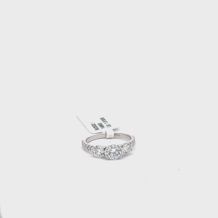 360 degree view of the Aurelia three-stone lab-grown diamond engagement ring in 14K white gold